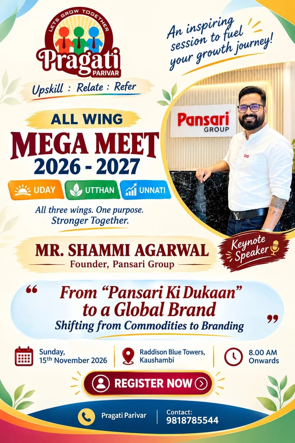 Pragati Parivar All Wing Mega Meet announcement featuring keynote speaker Shammi Agarwal